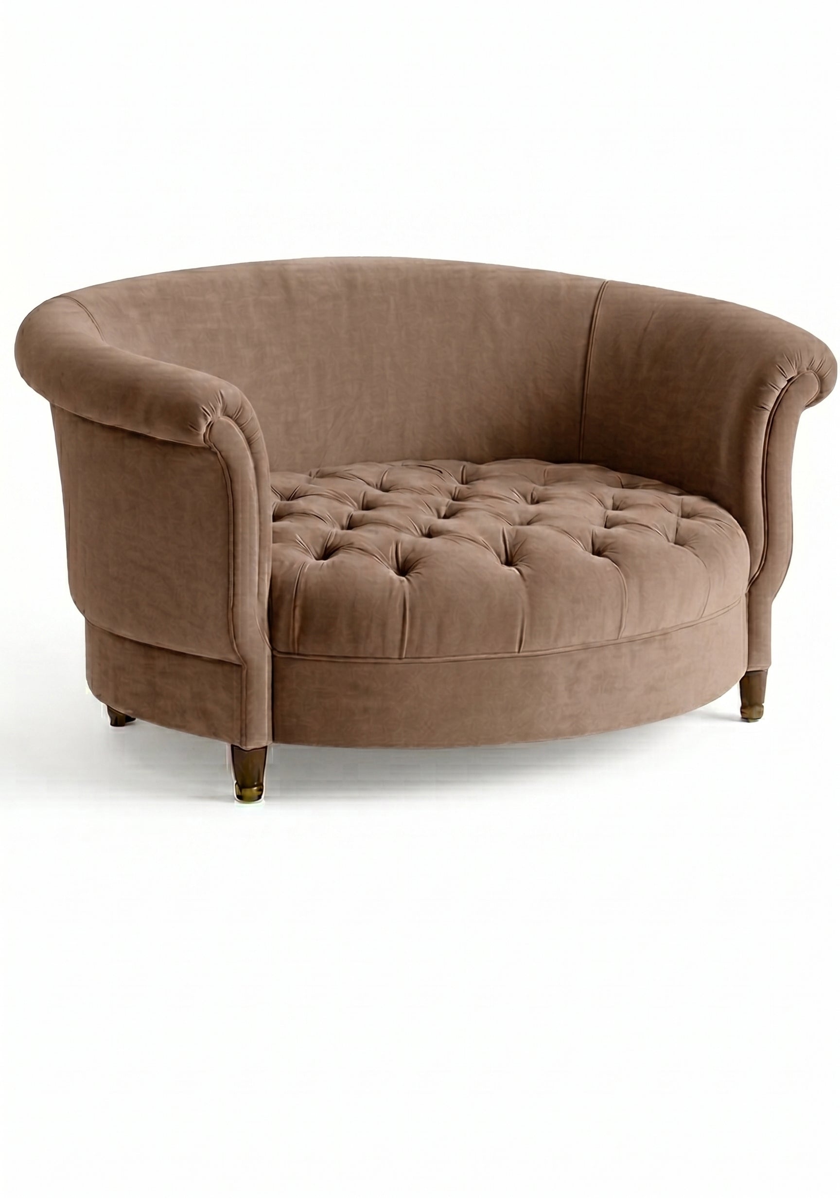 Sillón Brigitte redondo de Tienda de Banquitos tapizado en color visón, con respaldo curvo envolvente y asiento capitoné