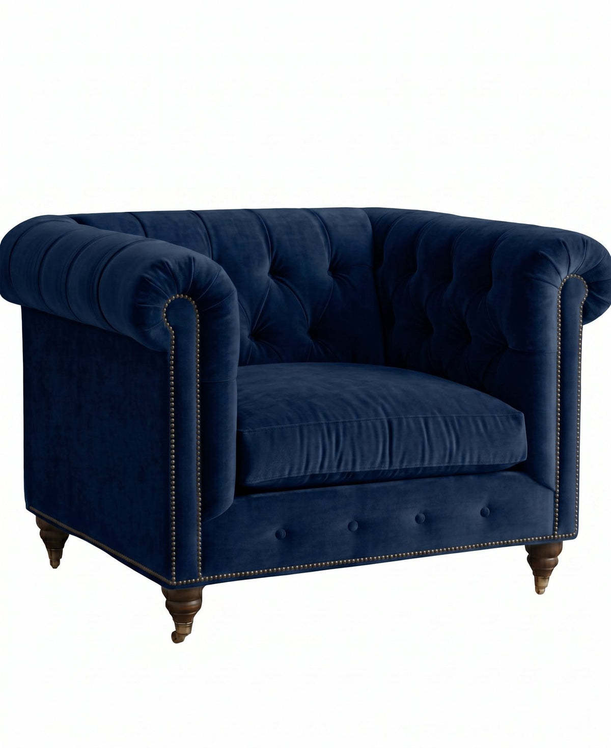 Sillón de un cuerpo Chesterfield color Azul en pana antimanchas, el clásico diseño inglés firme con detalle de tachas