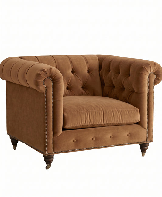 Sillón de un cuerpo Chesterfield color Gamuza en pana antimanchas, el clásico diseño inglés firme con detalle de tachas