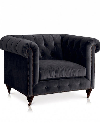 Sillón de un cuerpo Chesterfield color Grafito en pana antimanchas, el clásico diseño inglés firme con detalle de tachas