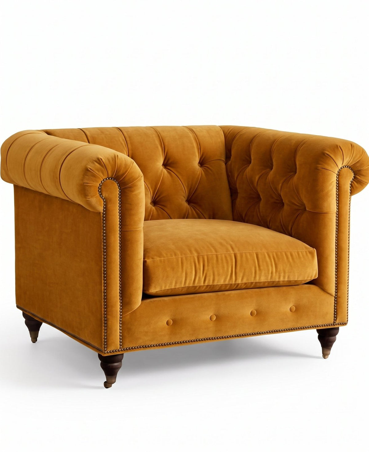 Sillón de un cuerpo Chesterfield color Oro en pana antimanchas, el clásico diseño inglés firme con detalle de tachas