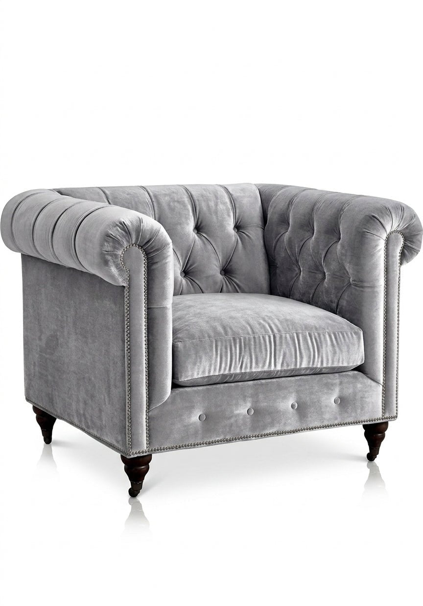 Sillón de un cuerpo Chesterfield color Plata en pana antimanchas, el clásico diseño inglés firme con detalle de tachas