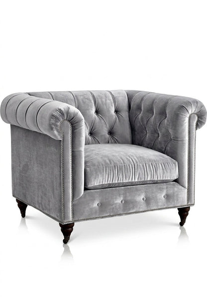 Sillón de un cuerpo Chesterfield color Plata en pana antimanchas, el clásico diseño inglés firme con detalle de tachas