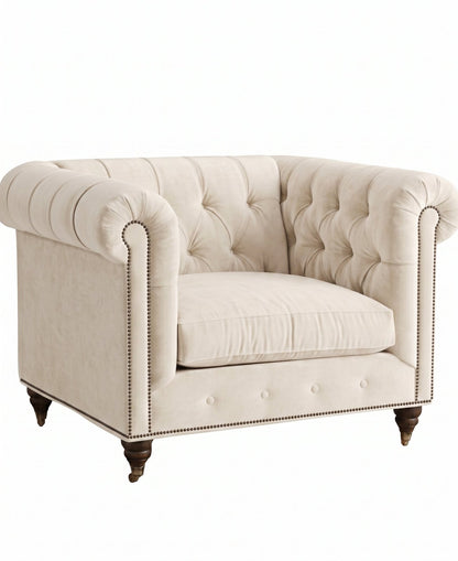 Sillón de un cuerpo Chesterfield color Tiza en pana antimanchas, el clásico diseño inglés firme con detalle de tachas