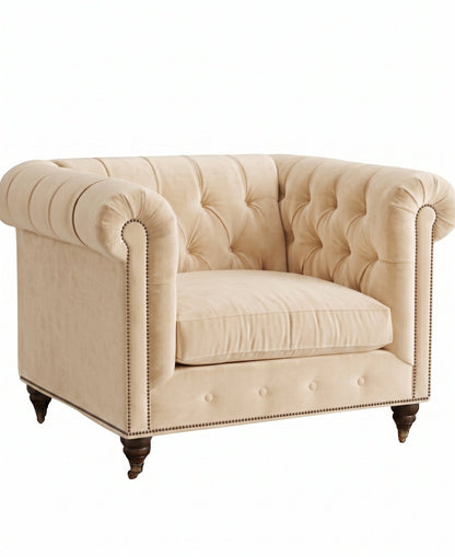 Sillón de un cuerpo Chesterfield color Vainilla en pana antimanchas, el clásico diseño inglés firme con detalle de tachas