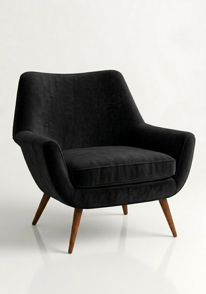 Sillón Chloe de un cuerpo en pana antimanchas Black, respaldo curvo y patas de madera inclinadas