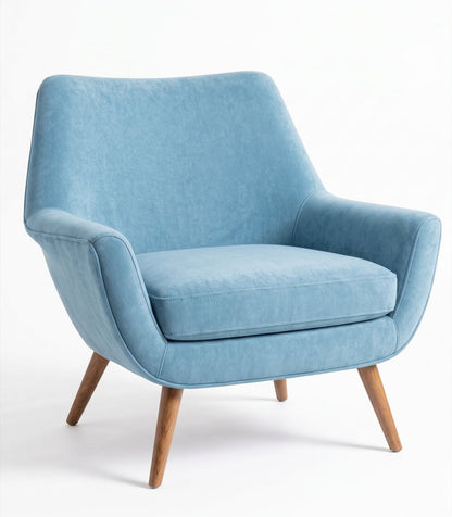 Sillón Chloe de un cuerpo en pana antimanchas Océano, respaldo curvo y patas de madera inclinadas