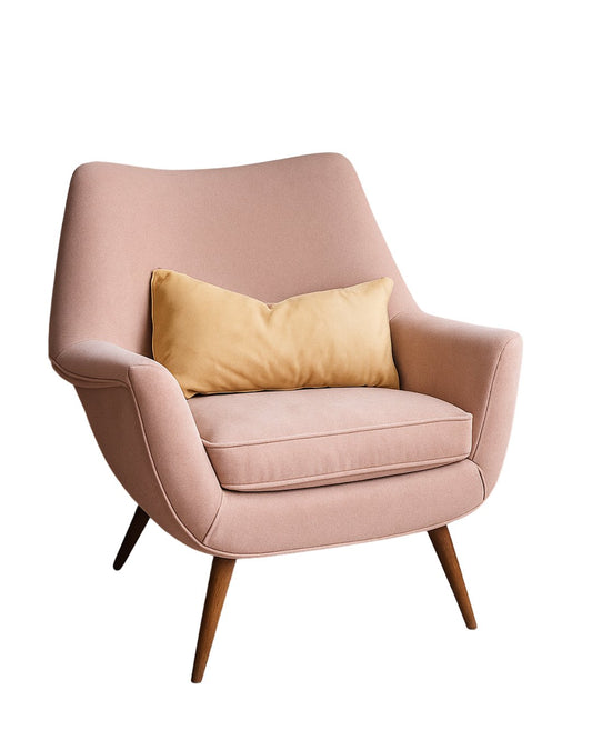 Sillón individual Chloe tapizado en rosa, diseño retro escandinavo con respaldo curvo envolvente y patas de madera inclinadas – Tienda de Banquitos