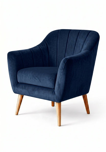 Sillón de un cuerpo Collin color Azul en pana antimanchas importada, respaldo acanalado y patas de madera