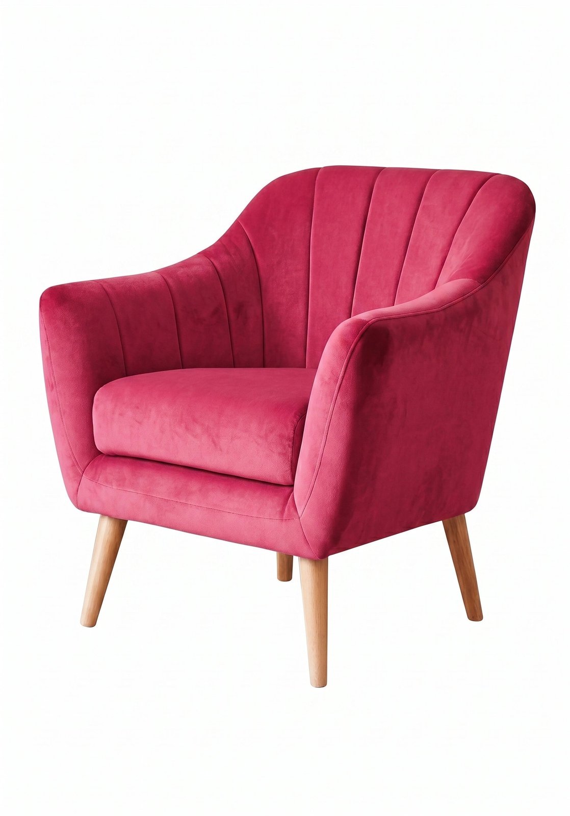 Sillón de un cuerpo Collin color Chicle en pana antimanchas importada, respaldo acanalado y patas de madera