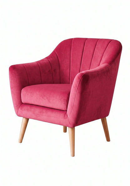 Sillón de un cuerpo Collin color Chicle en pana antimanchas importada, respaldo acanalado y patas de madera