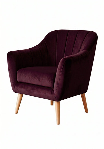 Sillón de un cuerpo Collin color Obispo en pana antimanchas importada, respaldo acanalado y patas de madera