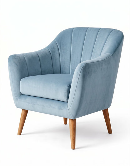 Sillón de un cuerpo Collin color Océano en pana antimanchas importada, respaldo acanalado y patas de madera