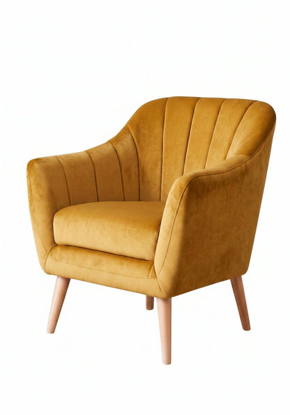 Sillón de un cuerpo Collin color Oro en pana antimanchas importada, respaldo acanalado y patas de madera