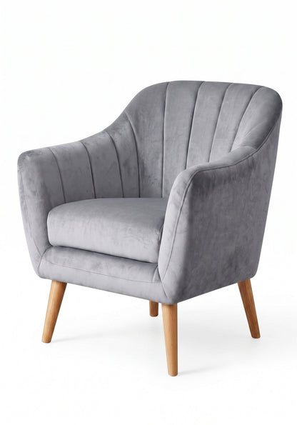 Sillón de un cuerpo Collin color Plata en pana antimanchas importada, respaldo acanalado y patas de madera