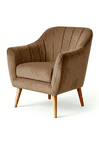 Sillón de un cuerpo Collin color Visón en pana antimanchas importada, respaldo acanalado y patas de madera