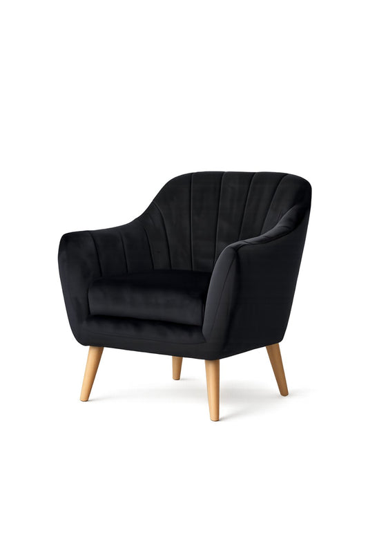 Sillón Collin Línea TDB tapizado en tono oscuro, con patas de madera