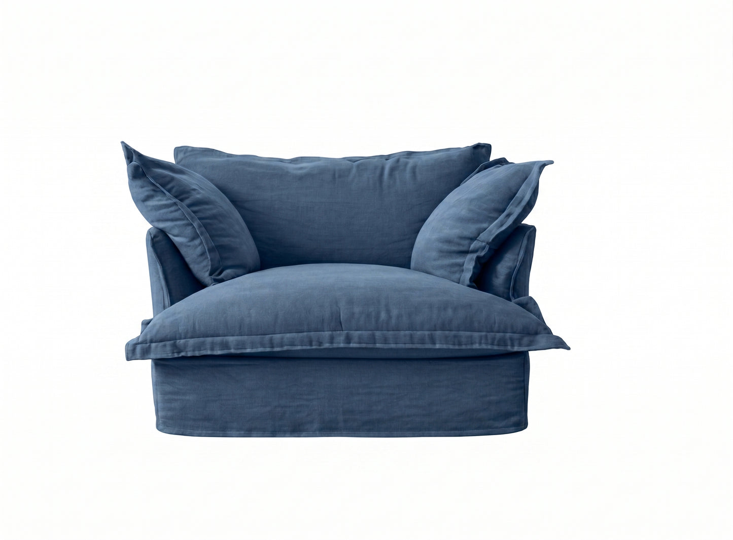 Sillón Comfy 1 cuerpo tapizado color azul, diseño envolvente tipo nube con almohadones sueltos — Tienda de Banquitos