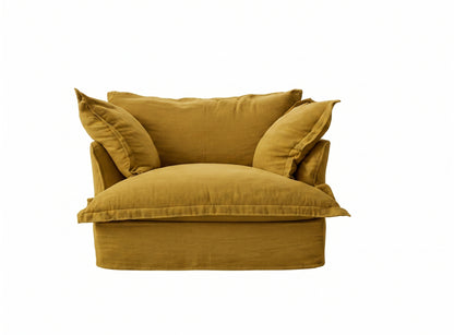 Sillón Comfy 1 cuerpo tapizado color mostaza/dorado, diseño envolvente tipo nube con almohadones sueltos — Tienda de Banquitos
