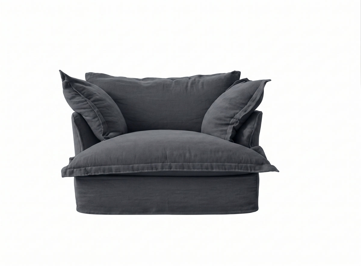 Sillón Comfy 1 cuerpo tapizado color gris grafito, diseño envolvente tipo nube con almohadones sueltos — Tienda de Banquitos