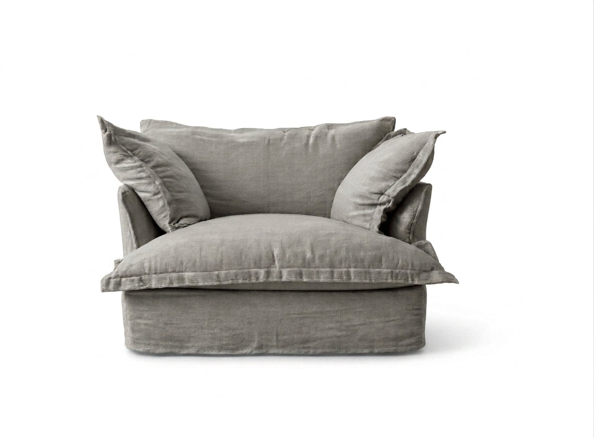 Sillón Comfy 1 cuerpo tapizado color gris claro, diseño envolvente tipo nube — Tienda de Banquitos