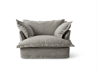 Sillón Comfy 1 cuerpo tapizado color gris claro, diseño envolvente tipo nube — Tienda de Banquitos