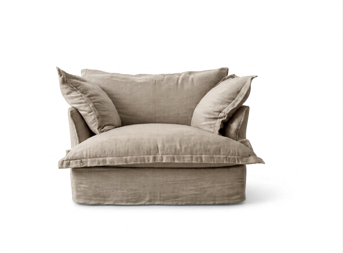 Sillón Comfy 1 cuerpo tapizado color beige natural, diseño envolvente tipo nube — Tienda de Banquitos