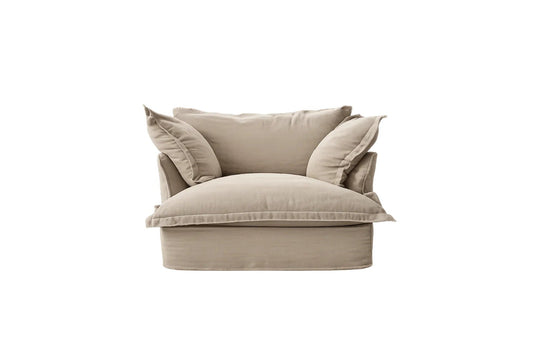 Sillón Comfy 1 cuerpo tapizado en lino beige, diseño envolvente tipo nube con almohadones sueltos – Tienda de Banquitos