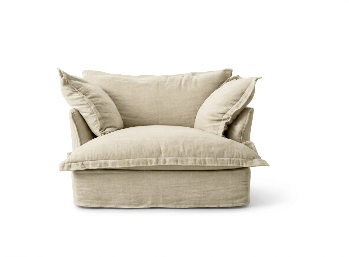 Sillón Comfy 1 cuerpo tapizado color marfil claro, diseño envolvente tipo nube — Tienda de Banquitos