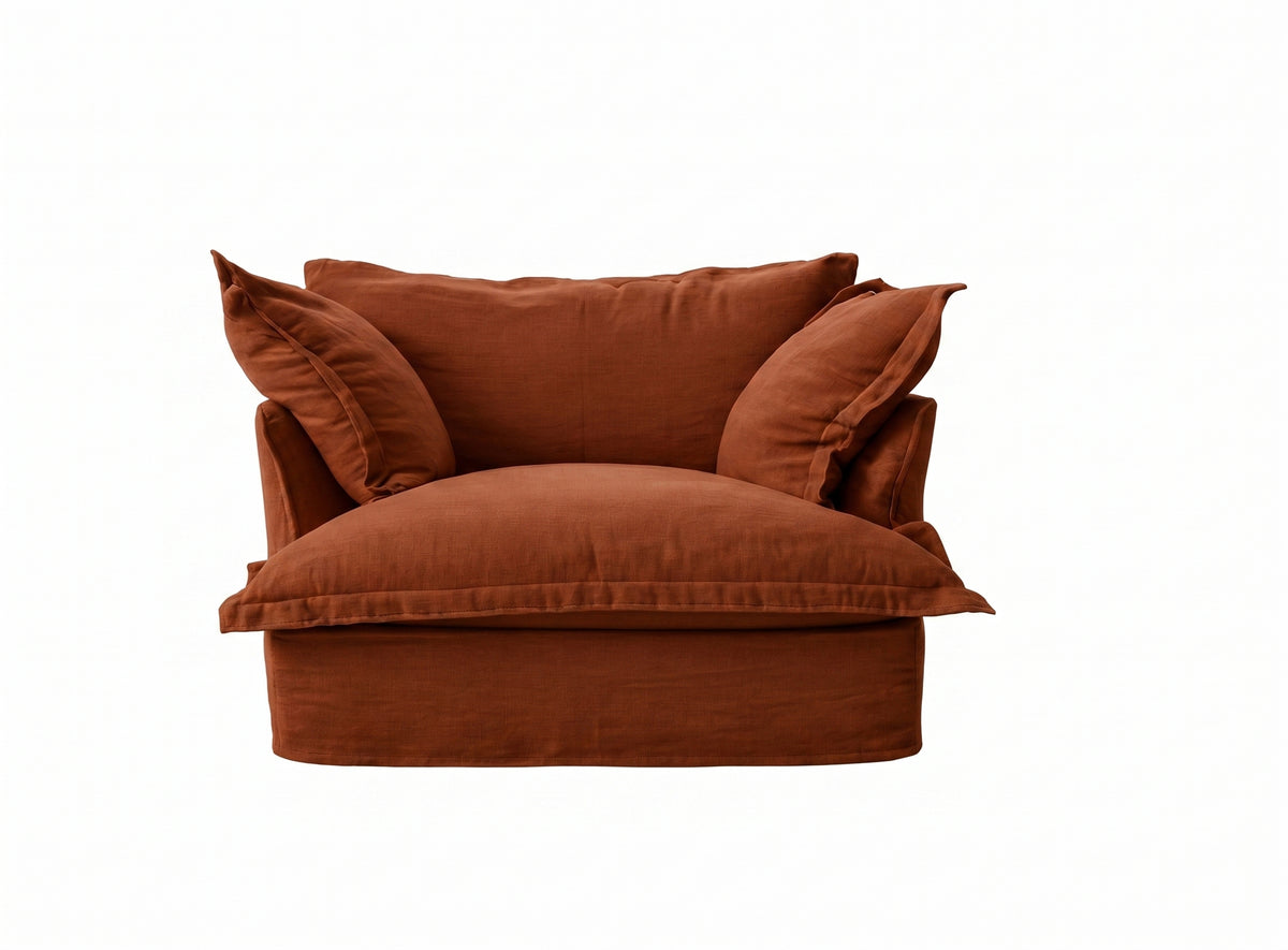 Sillón Comfy 1 cuerpo tapizado color óxido/terracota, diseño envolvente tipo nube — Tienda de Banquitos