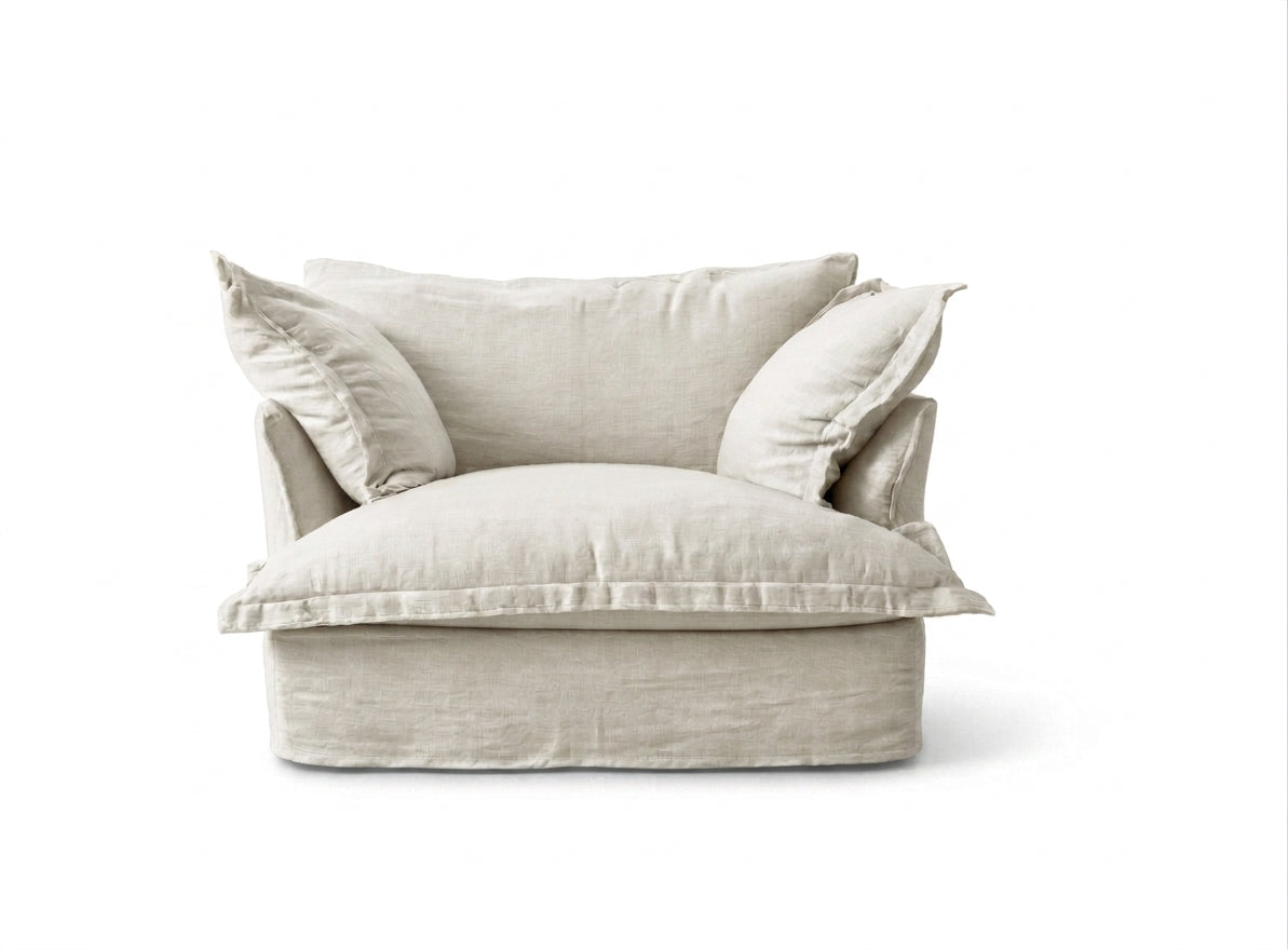 Sillón Comfy 1 cuerpo tapizado color blanco hueso, diseño envolvente tipo nube con almohadones sueltos — Tienda de Banquitos