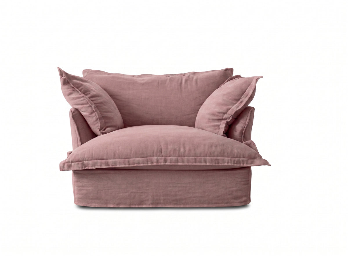 Sillón Comfy 1 cuerpo tapizado color rosa viejo, diseño envolvente tipo nube — Tienda de Banquitos