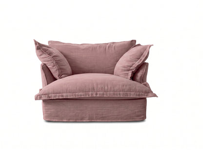 Sillón Comfy 1 cuerpo tapizado color rosa viejo, diseño envolvente tipo nube — Tienda de Banquitos