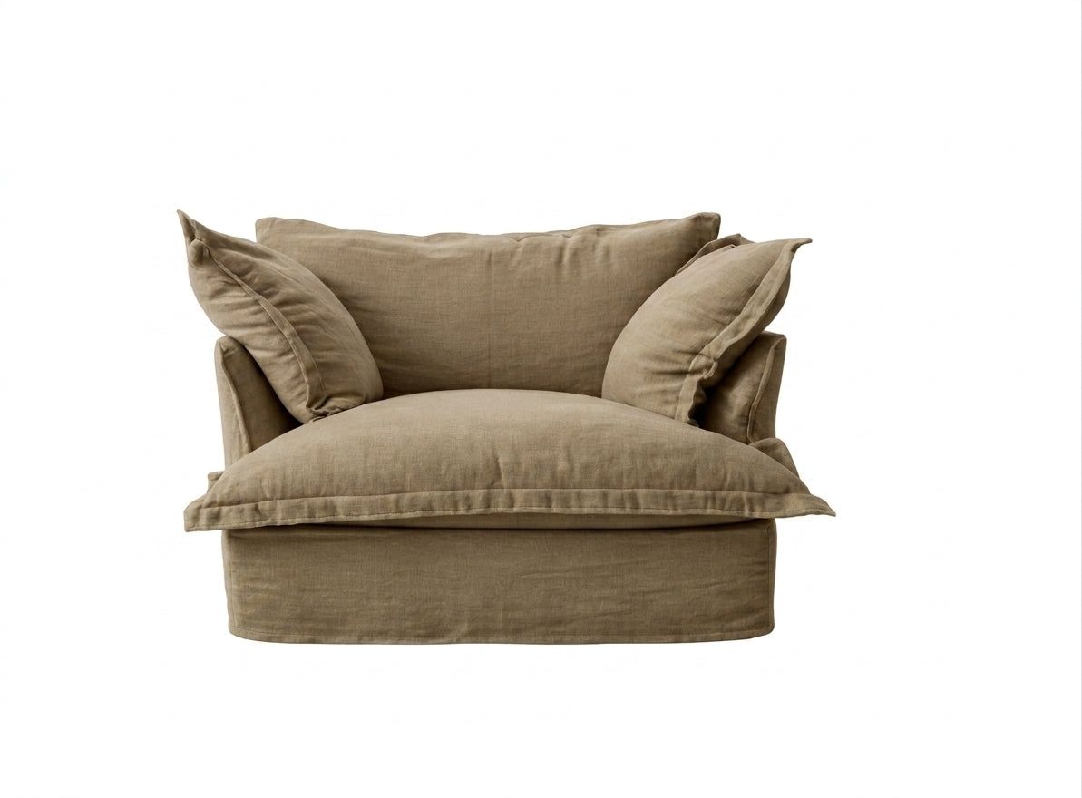 Sillón Comfy 1 cuerpo tapizado color topo/habano, diseño envolvente tipo nube con almohadones sueltos — Tienda de Banquitos