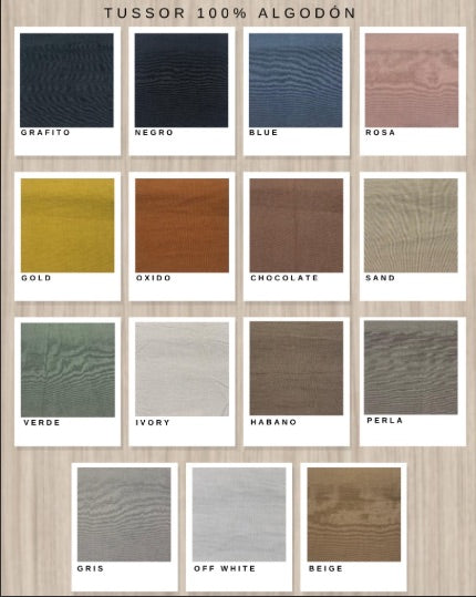 Muestrario de colores tussor 100% algodón para la funda del Sillón Comfy: grafito, negro, blue, rosa, gold, óxido, chocolate, sand, verde, ivory, habano, perla, gris, off white y beige — Tienda de Banquitos