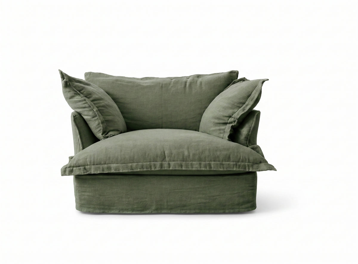 Sillón Comfy 1 cuerpo tapizado color verde, diseño envolvente tipo nube — Tienda de Banquitos