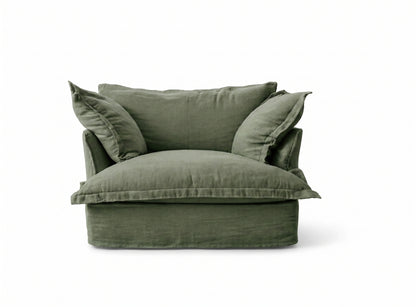 Sillón Comfy 1 cuerpo tapizado color verde, diseño envolvente tipo nube — Tienda de Banquitos
