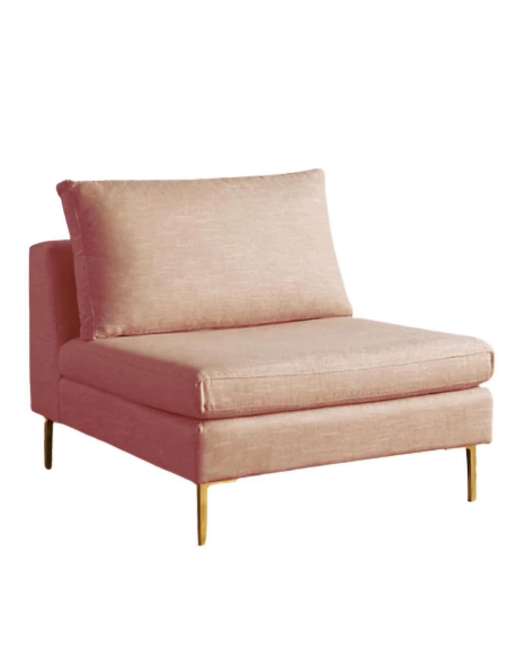 Sillón individual premium Edlyn tapizado a medida en color rosa pastel, sin apoyabrazos, estructura de madera maciza y patas de aluminio dorado, Tienda de Banquitos.