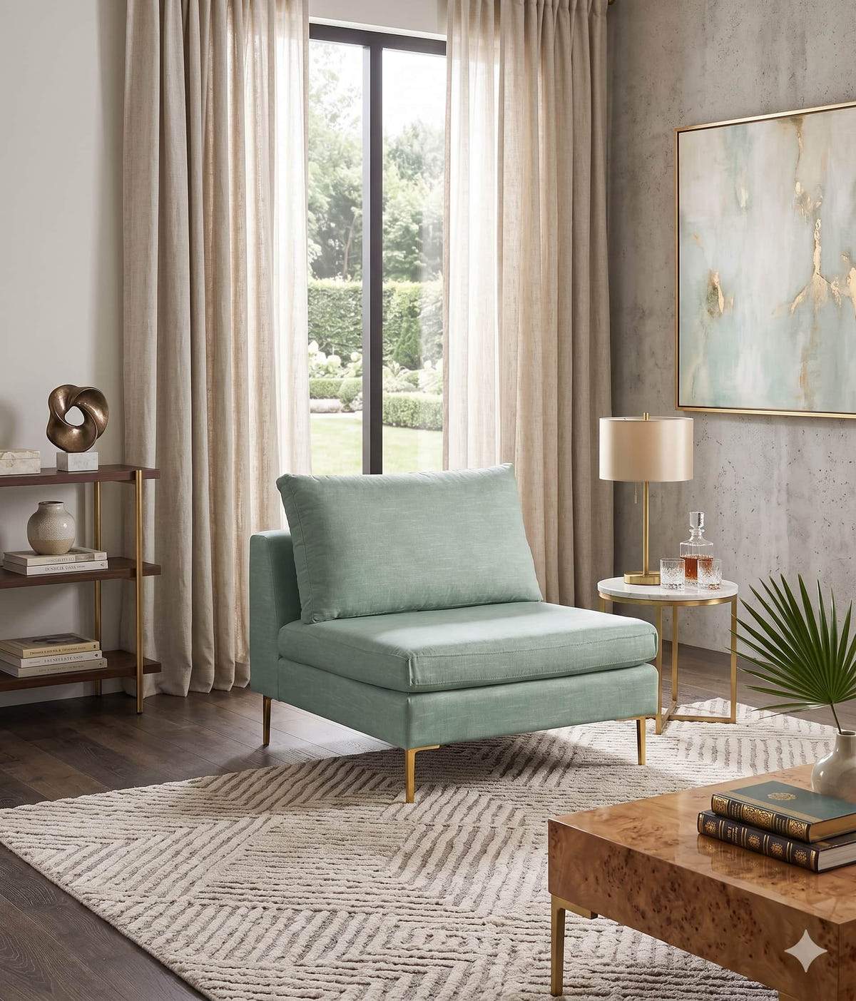 Sillón Edlyn premium en color verde claro ambientado en un living, sillón de un cuerpo tapizado a medida de Tienda de Banquitos.