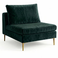 Sillón Edlyn premium en color verde inglés, sin apoyabrazos, estructura de madera maciza y patas de aluminio dorado