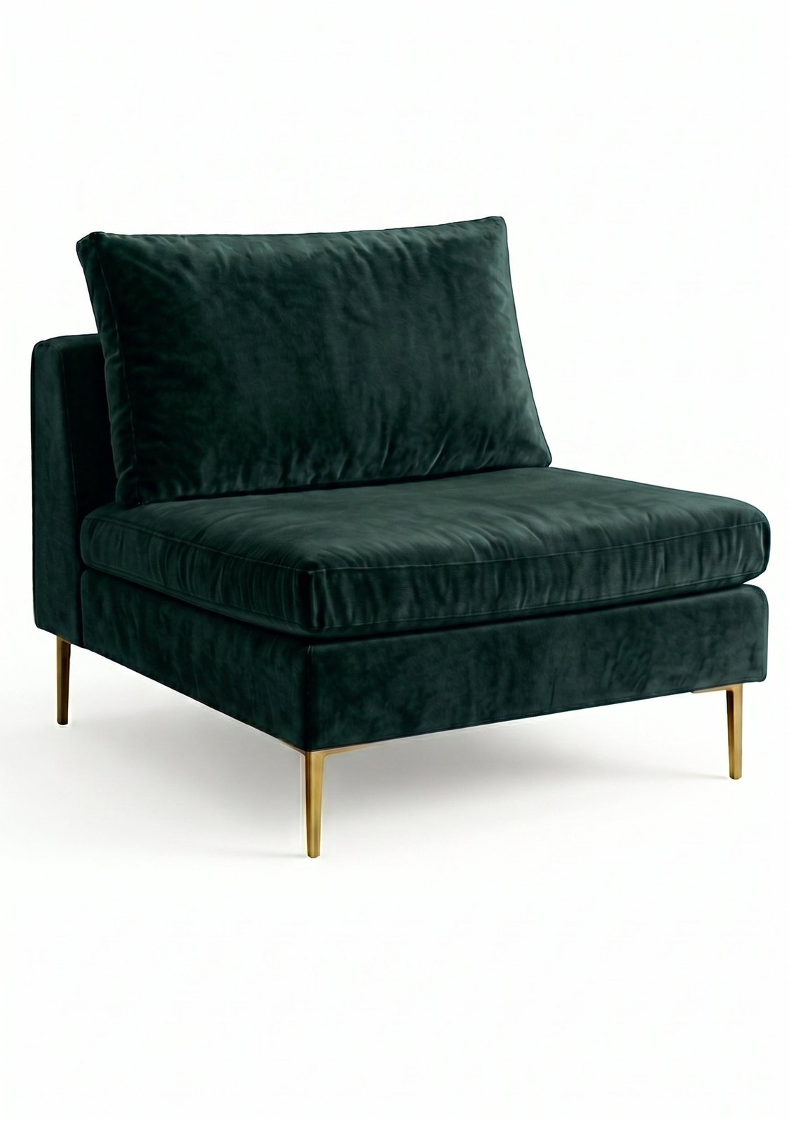 Sillón Edlyn de un cuerpo en color verde inglés en pana antimanchas, sin apoyabrazos y con patas de aluminio dorado