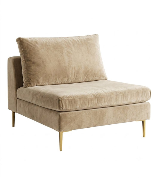 Sillón Edlyn premium en color verde claro, sin apoyabrazos, estructura de madera maciza y patas de aluminio dorado, sobre fondo blanco – Tienda de Banquitos