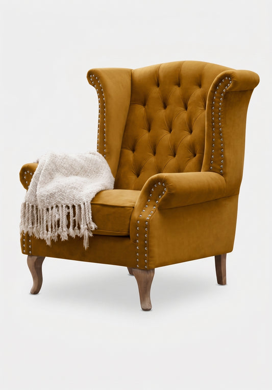 Sillón Elepant Berger de un cuerpo tapizado en pana antimanchas color oro, respaldo capitoné alto y orejas curvas – Tienda de Banquitos