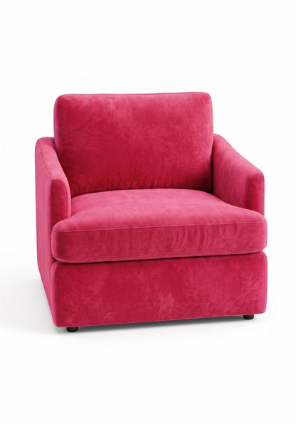 Sillón de un cuerpo Elton color Chicle en pana antimanchas importada, silueta simple y minimalista