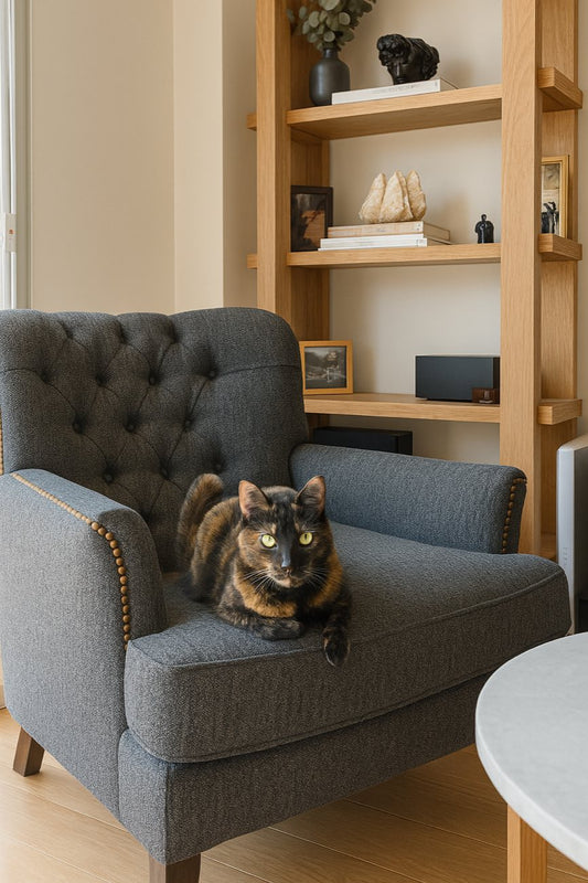 Sillón Esmeralda gris en género anti rasguño, con respaldo curvo capitoné, tachas y patas de madera, con el gato de Agustina sentado en el asiento