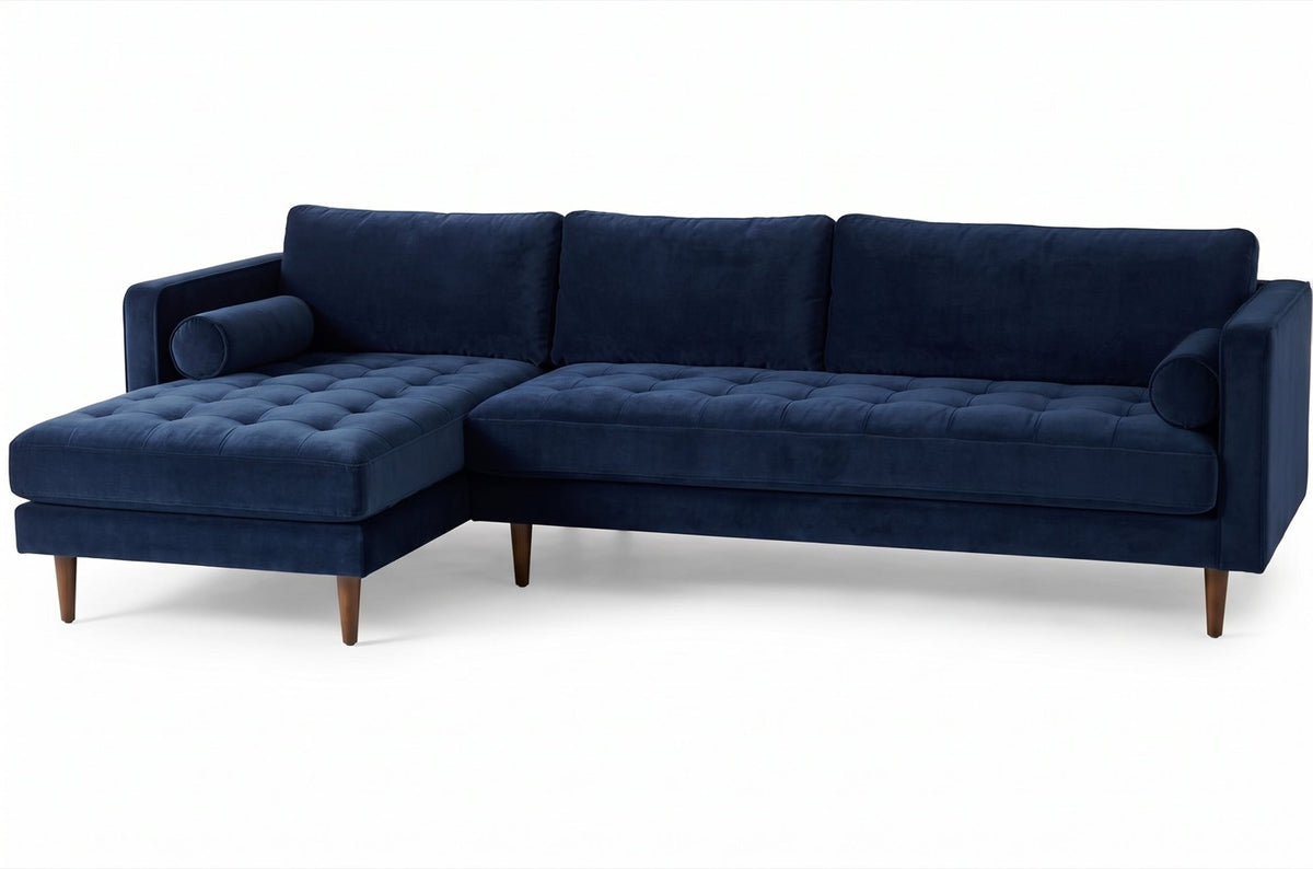 Sillón esquinero Bambú tapizado en pana antimanchas color Azul, sofá en L con chaise longue