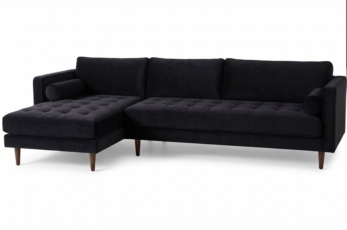 Sillón esquinero Bambú tapizado en pana antimanchas color Black, sofá en L con chaise longue
