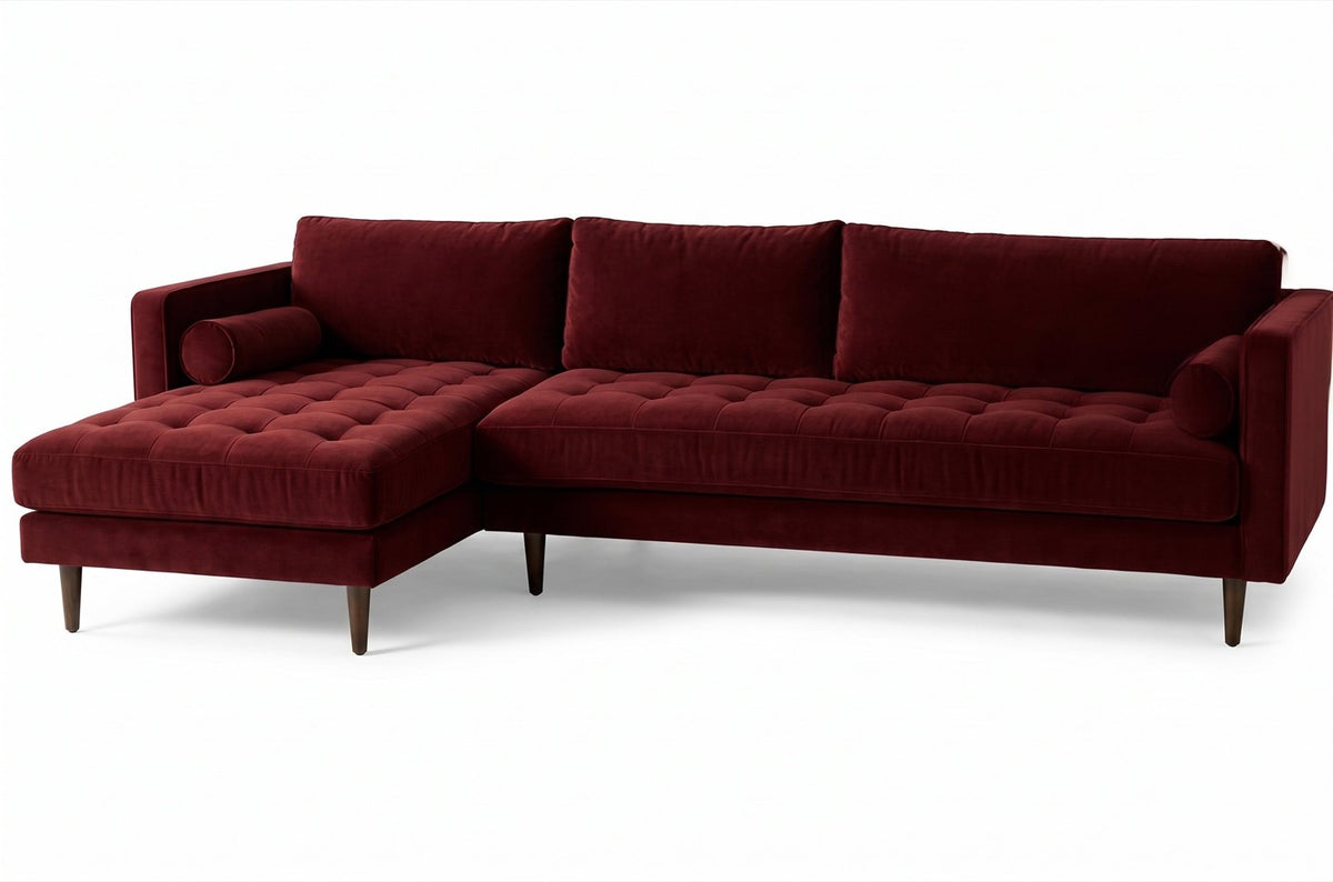 Sillón esquinero Bambú tapizado en pana antimanchas color Bordó, sofá en L con chaise longue