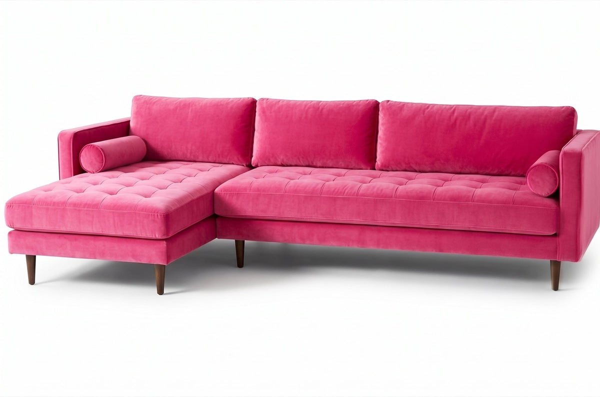 Sillón esquinero Bambú tapizado en pana antimanchas color Chicle, sofá en L con chaise longue