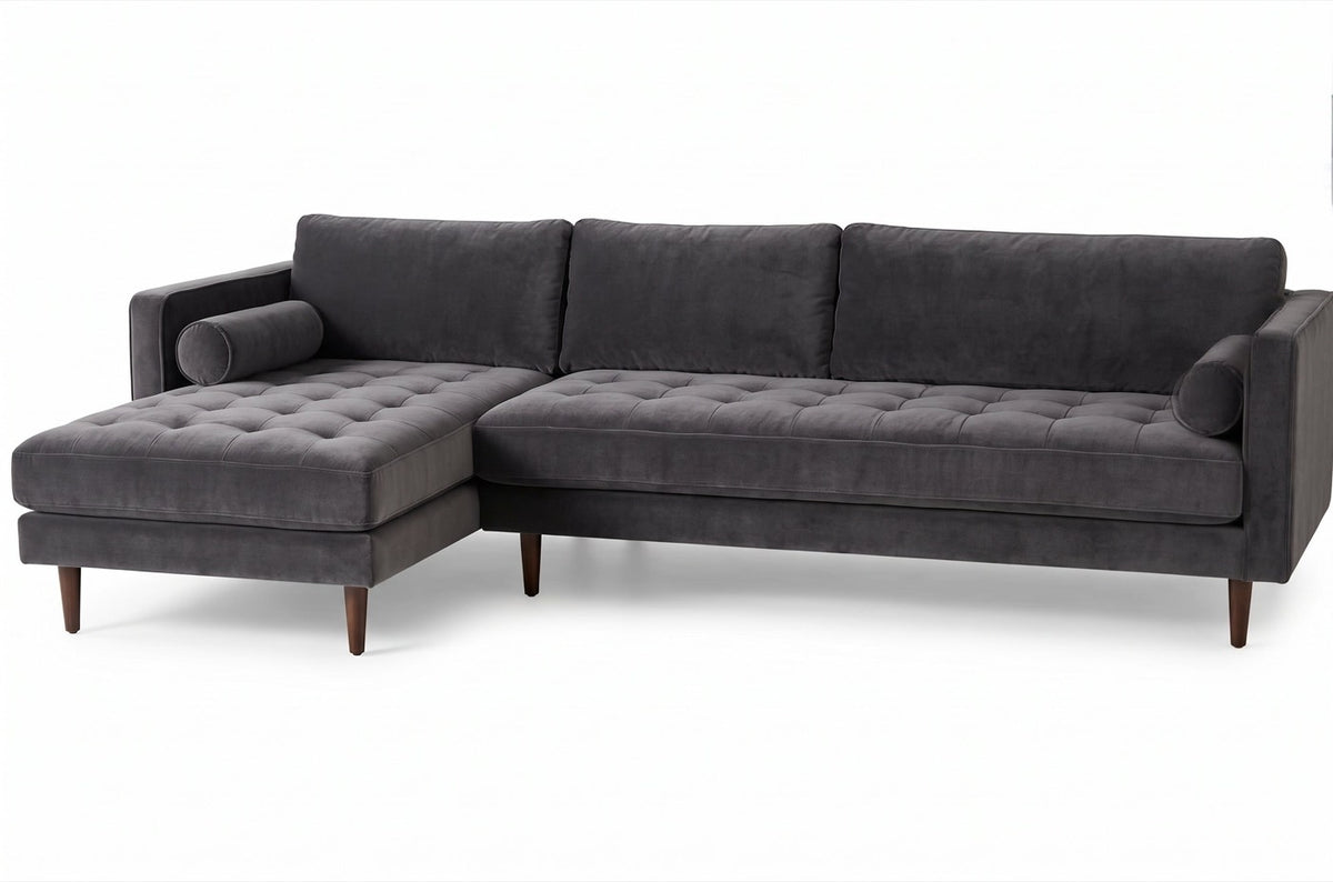 Sillón esquinero Bambú tapizado en pana antimanchas color Grafito, sofá en L con chaise longue